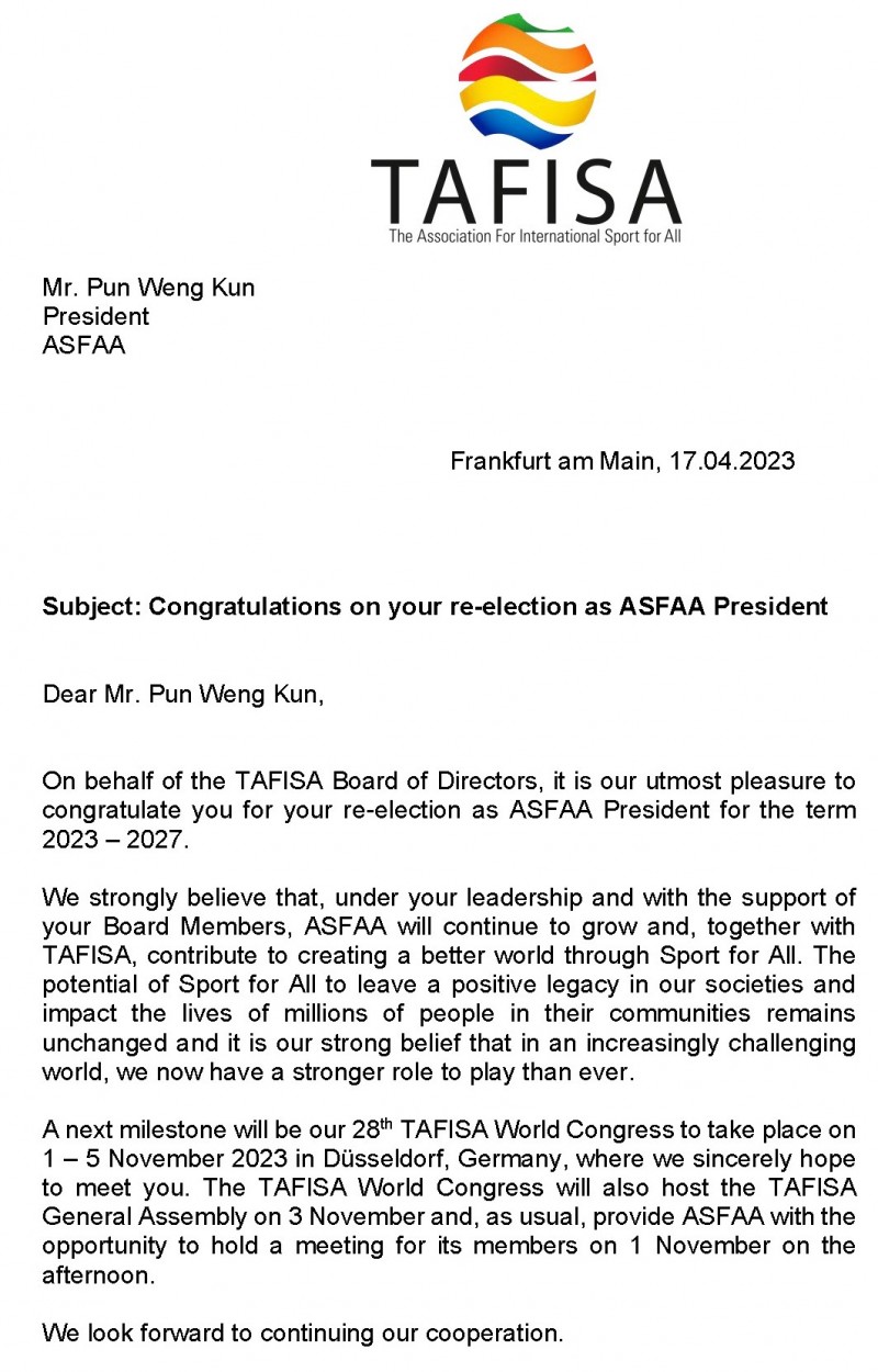 Congratulatory Letter from TAFISA